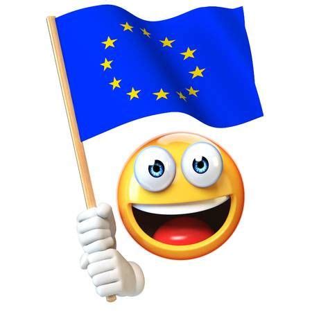 Emoji holding EU flag, emoticon waving European Union flag 3d rendering ...