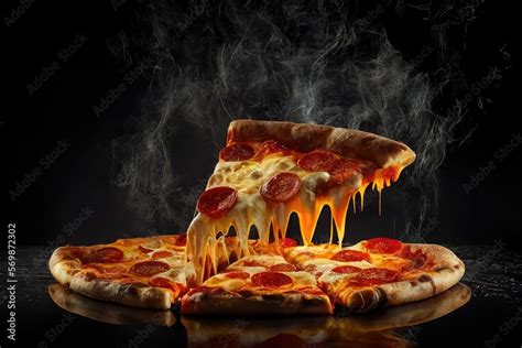 Pizza slice and hot pizza on black background, generative AI Stock-Illustration | Adobe Stock