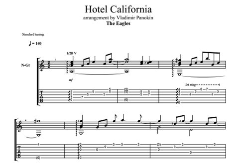 Hotel California on guitar. Sheet music and tabs for a guitar.