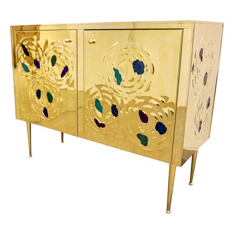 Italian Contemporary Design 2-Door Brass Cabinet with Blue Green Purple Agate For Sale at 1stDibs