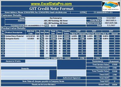 Download GST Credit Note Format In Excel Issued Against Goods Return Or ...