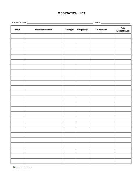 Excel Printable Medication List Template