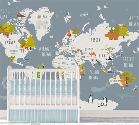 World map with safari animals wallpapergray map nursery wall | Etsy