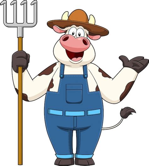 Premium Vector | Happy cow farmer cartoon character holding a rake ...