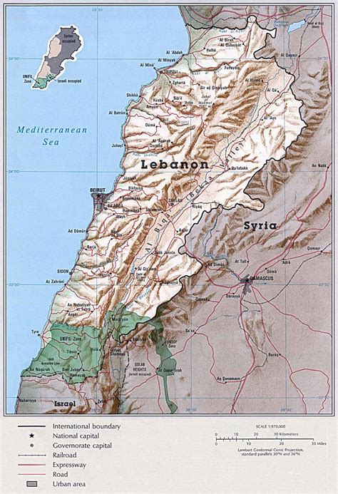 Grande mapa político del Líbano con relieve, carreteras, ferrocarriles ...