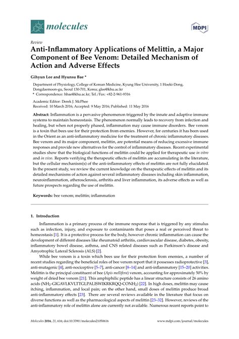 (PDF) Anti-Inflammatory Applications of Melittin, a Major Component of ...