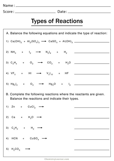 Writing Chemical Reactions Worksheet