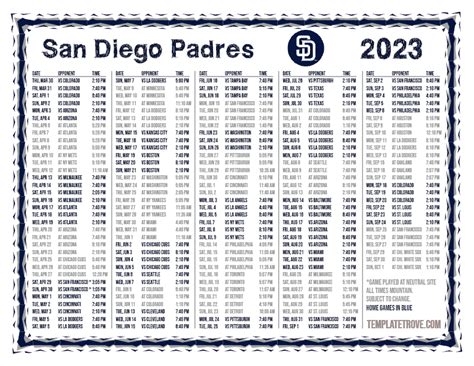 Padres Printable Schedule