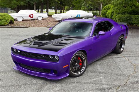 Purple Dodge Challenger with Aftermarket Vented Hood