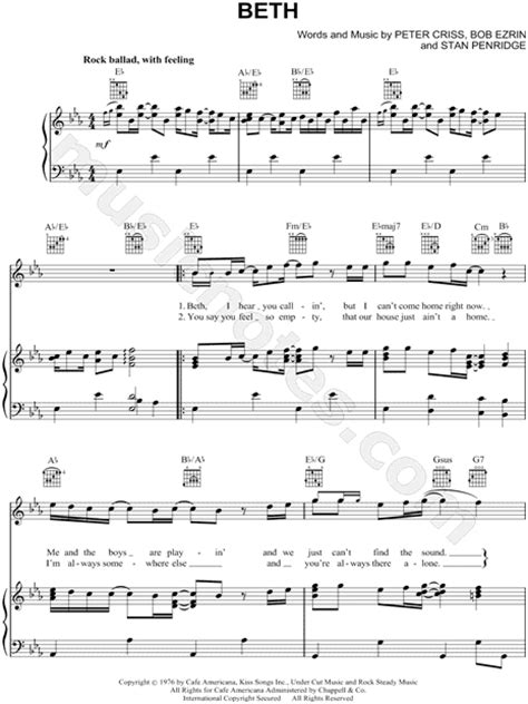 Kiss "Beth" Sheet Music in Eb Major (transposable) - Download & Print ...