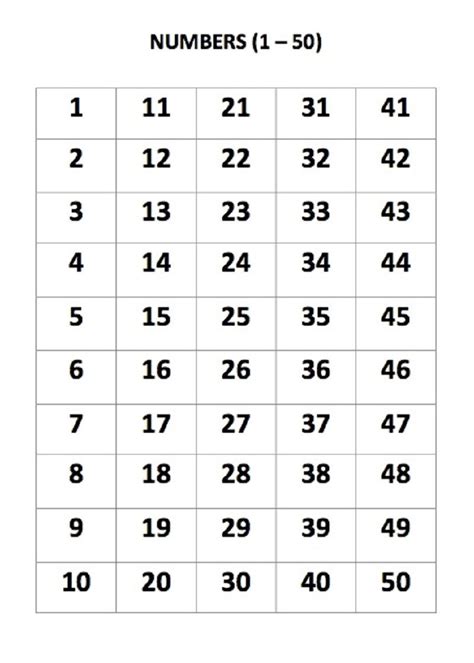 Printable 50 Number Chart for Preschool