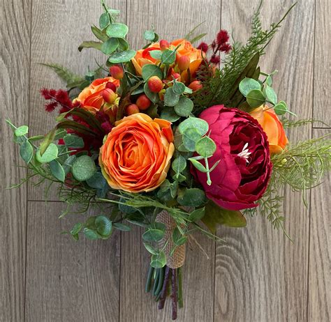 Wedding Bouquet, Rustic Fall Bridal Bouquet, Red Autumn Wedding Flowers, Fall Sunset Bridesmaid ...