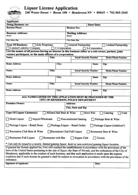 Liquor License Application Form printable pdf download