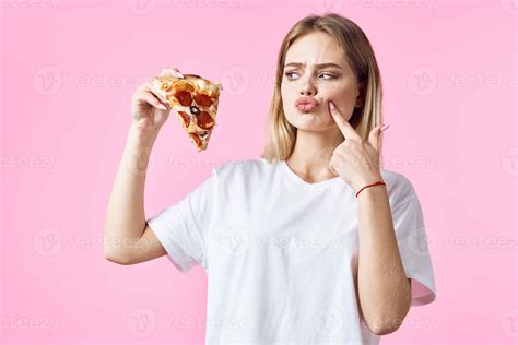 cheerful pretty woman in white t-shirt pizza fast food snack restaurant 21995089 Stock Photo at ...