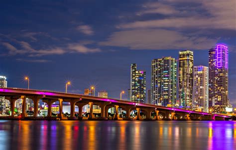 Wallpaper bridge, building, Miami, FL, Bay, night city, Miami, skyscrapers, Florida, Biscayne ...