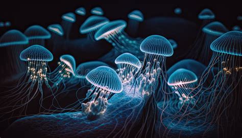 Bioluminescent Jellyfish Glowing Purple and Blue in the Ocean. Sea Creatures Marine Life ...