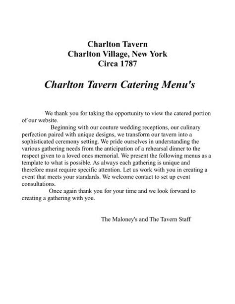 Charlton Tavern Catering Menu's