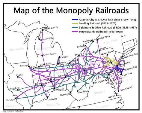 All Four Railroads of the Monopoly Board Game [OC] [1147x912] : r/MapPorn