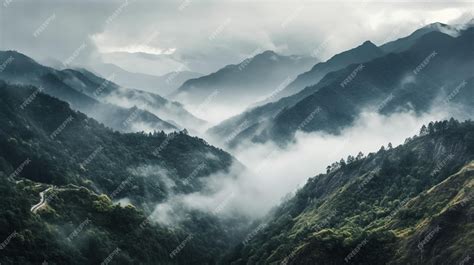 Premium AI Image | A foggy mountain landscape with a mountain range in the background.