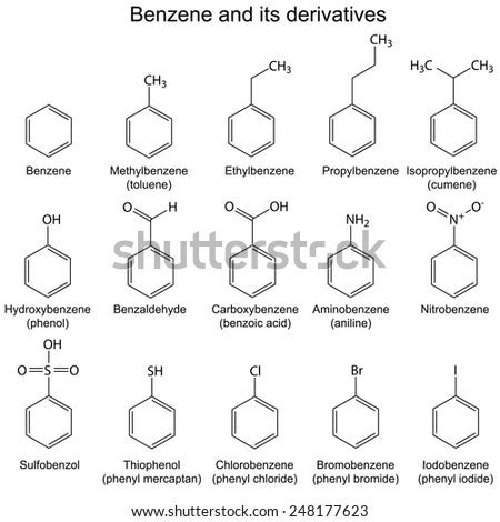 Structural Chemical Formulas Of Benzene And Its Derivatives, 2d Illustration On White, Vector ...