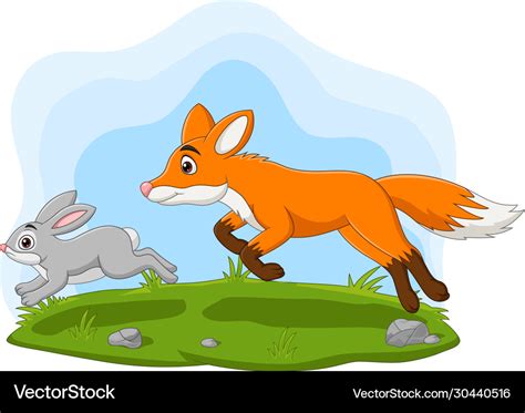 Cartoon rabbit chased fox in forest Royalty Free Vector