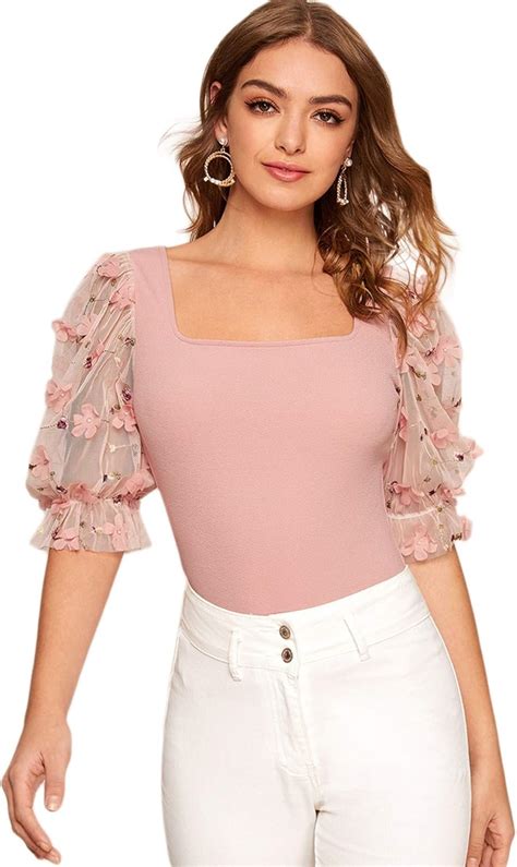 SheIn Women's Appliques Mesh Short Sleeve Scoop Neck Ruffle Trim Top Blouse Solid Tee Dusty Pink ...