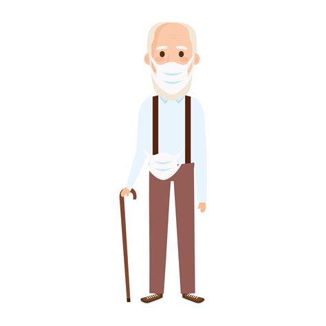 old man using face mask with walking stick 4830031 Vector Art at Vecteezy