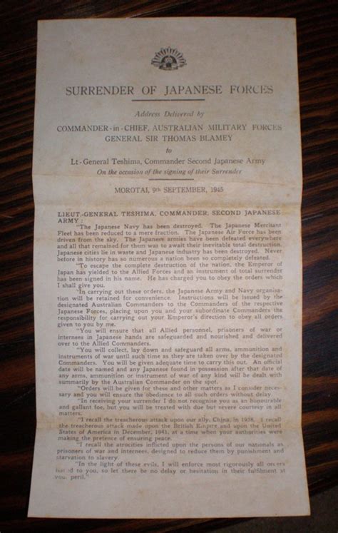 Surrender of Japanese Forces - copy of address delivered and other documents; Au... | eHive