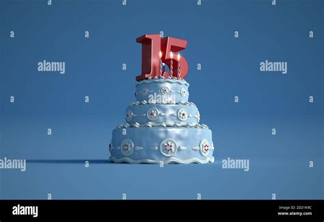 3D rendering of a big blue birthday cake with a big number fifteen on ...