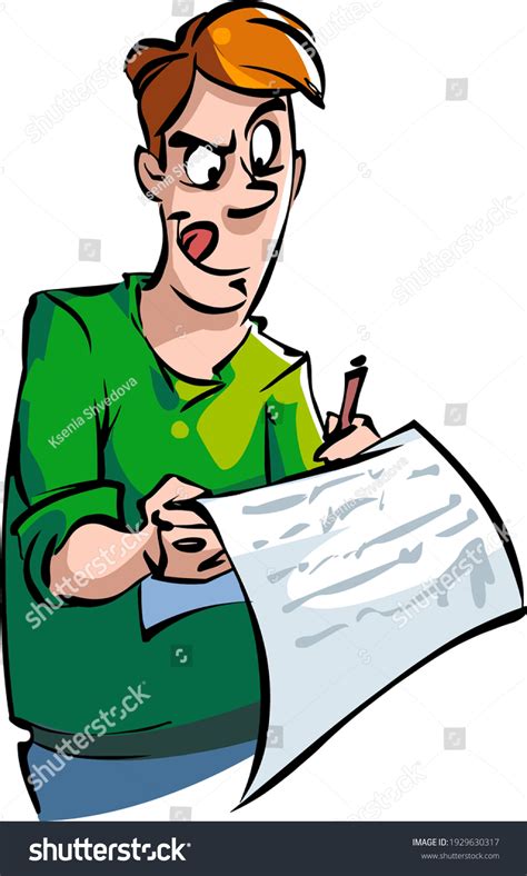 Cartoon Funny Young Man Enthusiastically Writes Stock Vector (Royalty ...