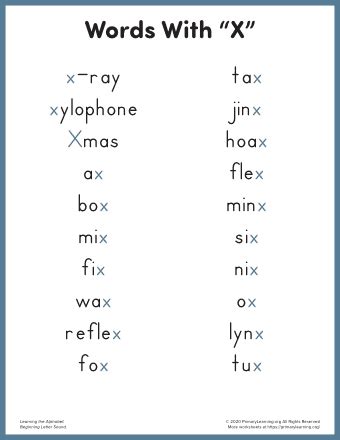 Words That Start With X For Kindergarten | PrimaryLearning.Org