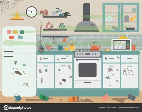 Dirty messy kitchen with stained furniture flat cartoon vector illustration. Stock Vector by ...