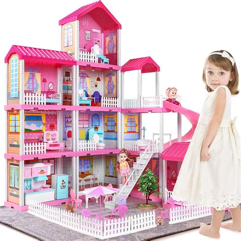 Doll House Dreamhouse Girl Toys - 4-Story 11 Doll House Rooms with Doll Toy Figures, Furniture ...