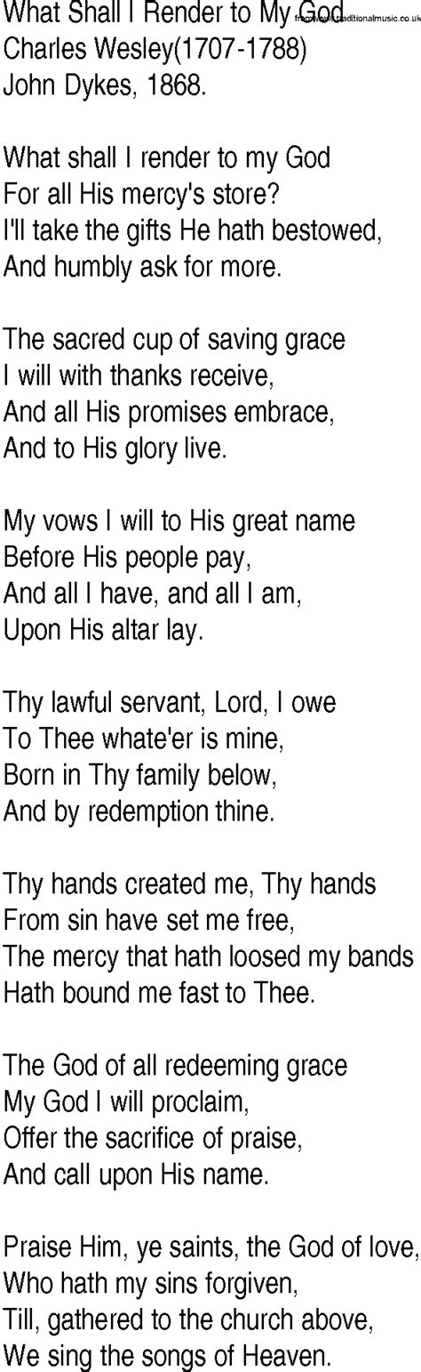 Hymn and Gospel Song Lyrics for What Shall I Render to My God by ...