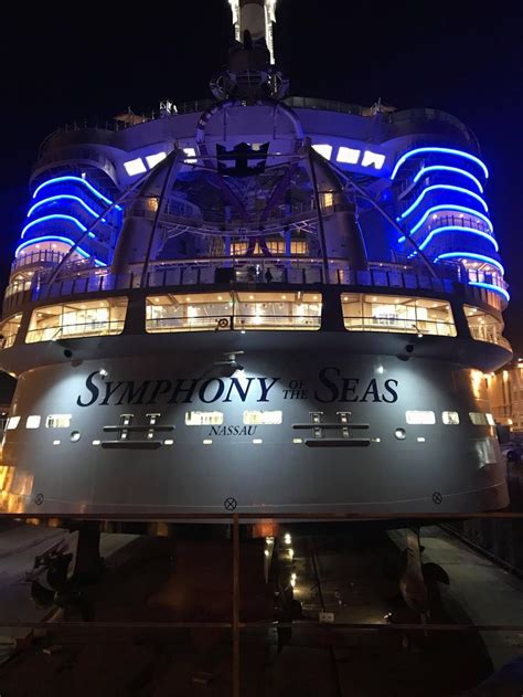 Symphony of the Seas lit up at night.