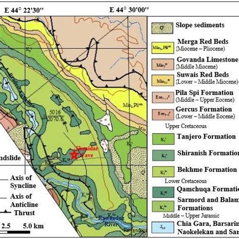 Geological map of Bradost anticline showing the location of Shanidar... | Download Scientific ...