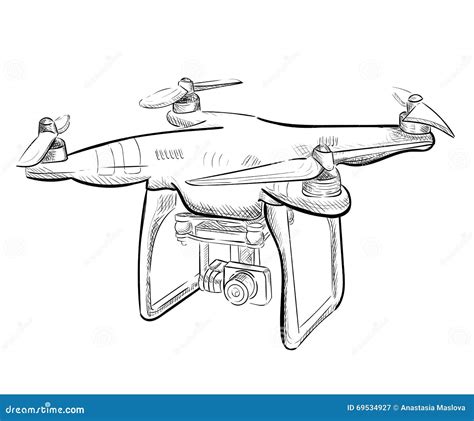 Hand Draw Illustration Aerial Vehicle Quadrocopter. Air Drone Hovering ...