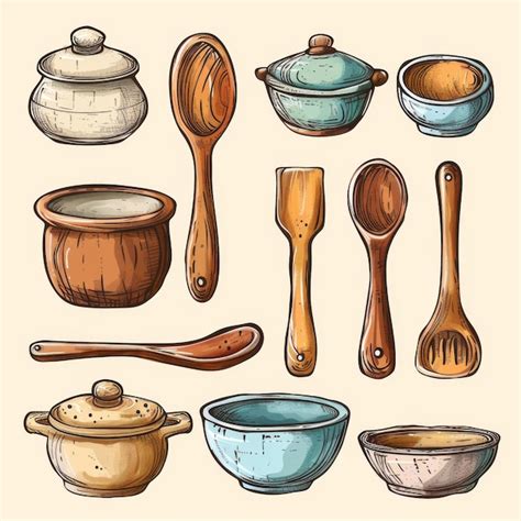 Rustic ceramic utensils drawing set sketched antique bowls crockery ...