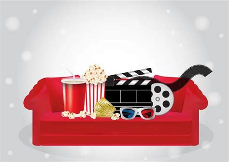 Popcorn, drink, Movie Film, 3d Glasses and movie ticket on a red sofa - Stock Image - Everypixel
