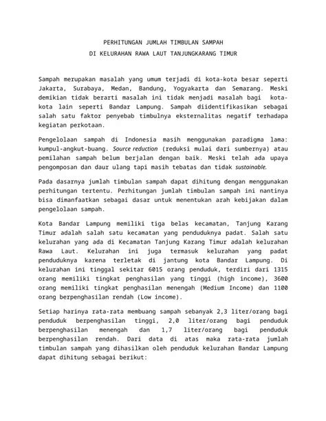 (DOCX) PERHITUNGAN JUMLAH TIMBULAN SAMPAH DI KELURAHAN RAWA LAUT TANJUNGKARANG TIMUR - DOKUMEN.TIPS