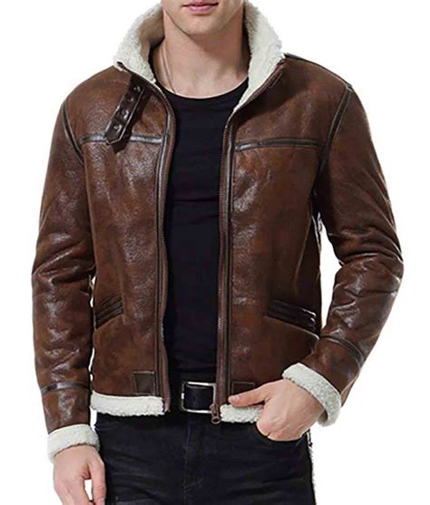 Mens Shearling Bomber Jacket | Motorcycle Distressed Brown Leather Jacket - Jackets Creator