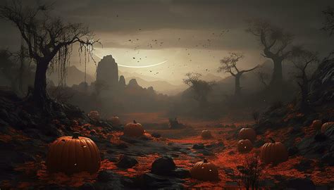 Scary photo of halloween pumpkin in dark autumn forest halloween celebration background ...