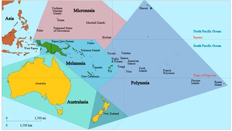 Oceania Map with Micronesia, Polynesia, Melanesia, and Australasia Zones Highlighted
