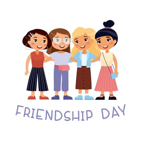 Premium Vector | Happy friendship day. four young cute girls hugging. funny cartoon character ...