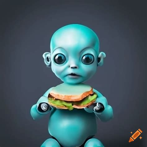 Humorous image of an alien robot baby with a sandwich on Craiyon