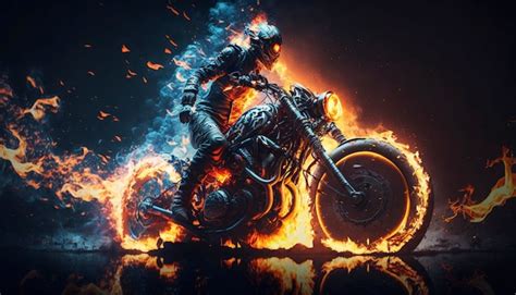 Premium Photo | Rider on a bike or chopper on flames creative concept generative ai