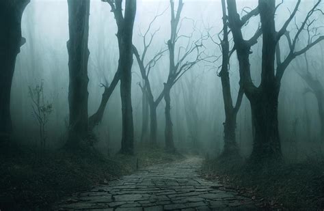 Landscape of haunted mist forest with pathway dark background, creepy ...