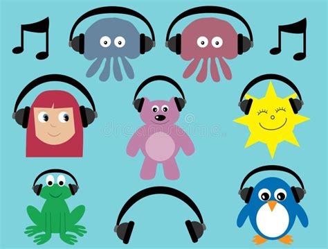 Collection of Cartoon Characters with Headphones Stock Vector - Illustration of jellyfish, note ...