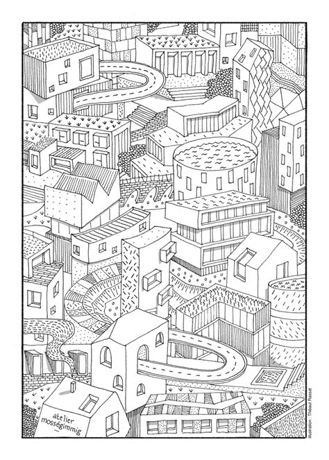 a black and white drawing of a cityscape with lots of buildings on it