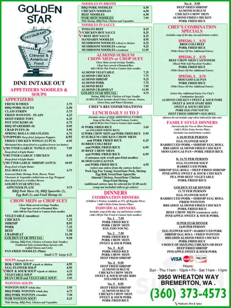 Golden Star Restaurant menu in Bremerton, Washington, USA